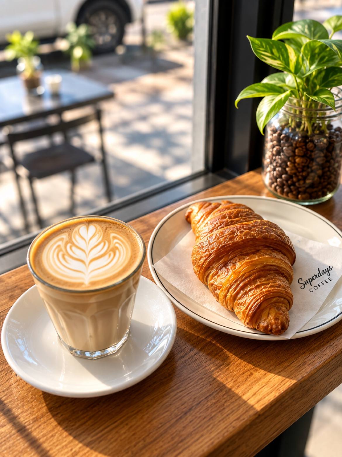 Latte art and a fresh croissant on a timber table at Superdays Coffee